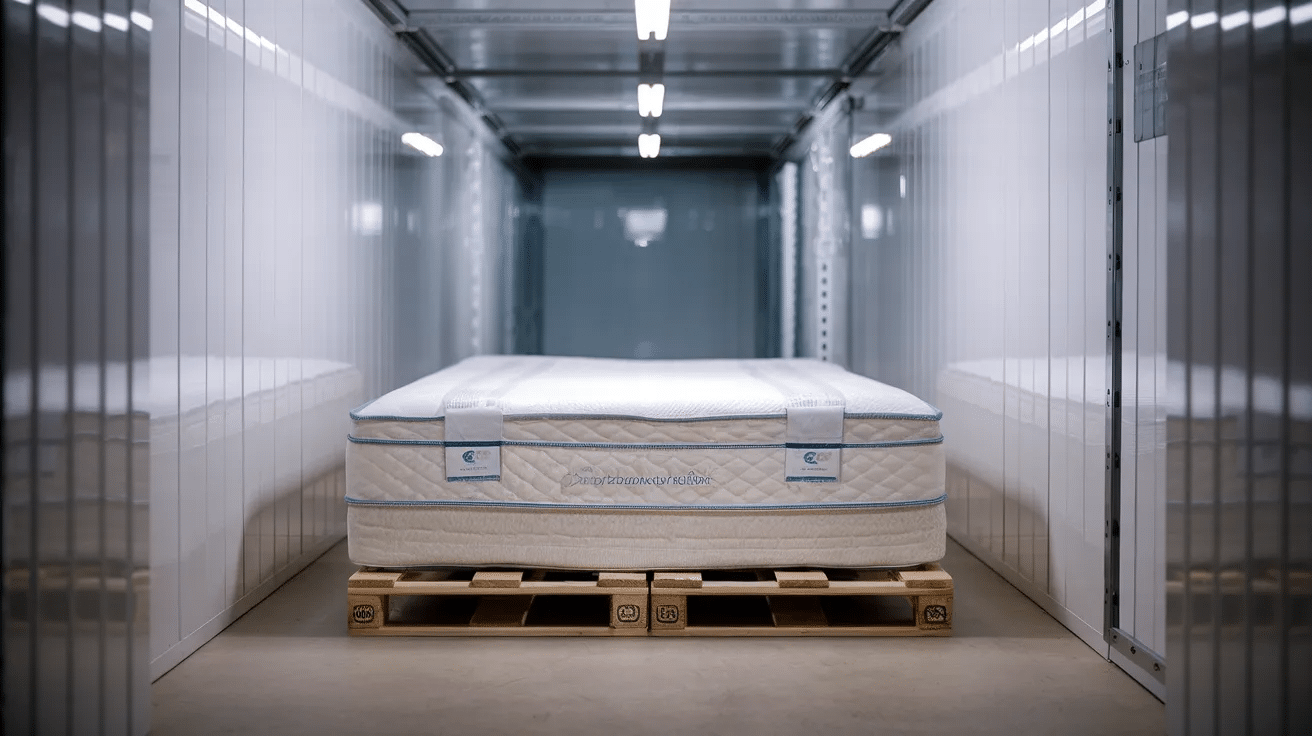 mattress stored flat on wooden pallets inside a clean climate controlled storage unit