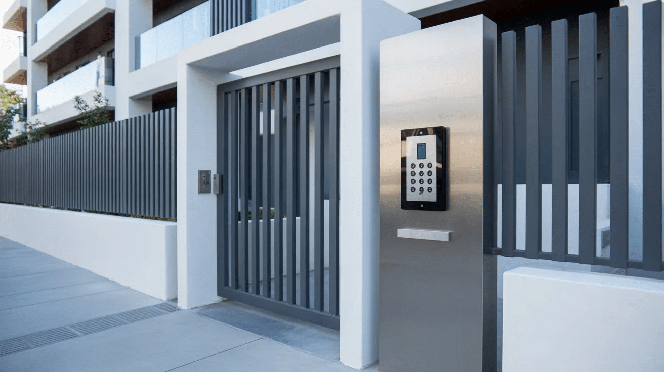 modern apartment gate with controlled entry showing secure access for residents and visitors