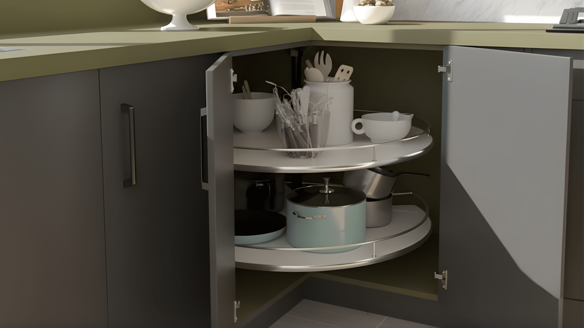 modern kitchen corner cabinet with rotating lazy susan shelves holding spices and jars in an organized layout
