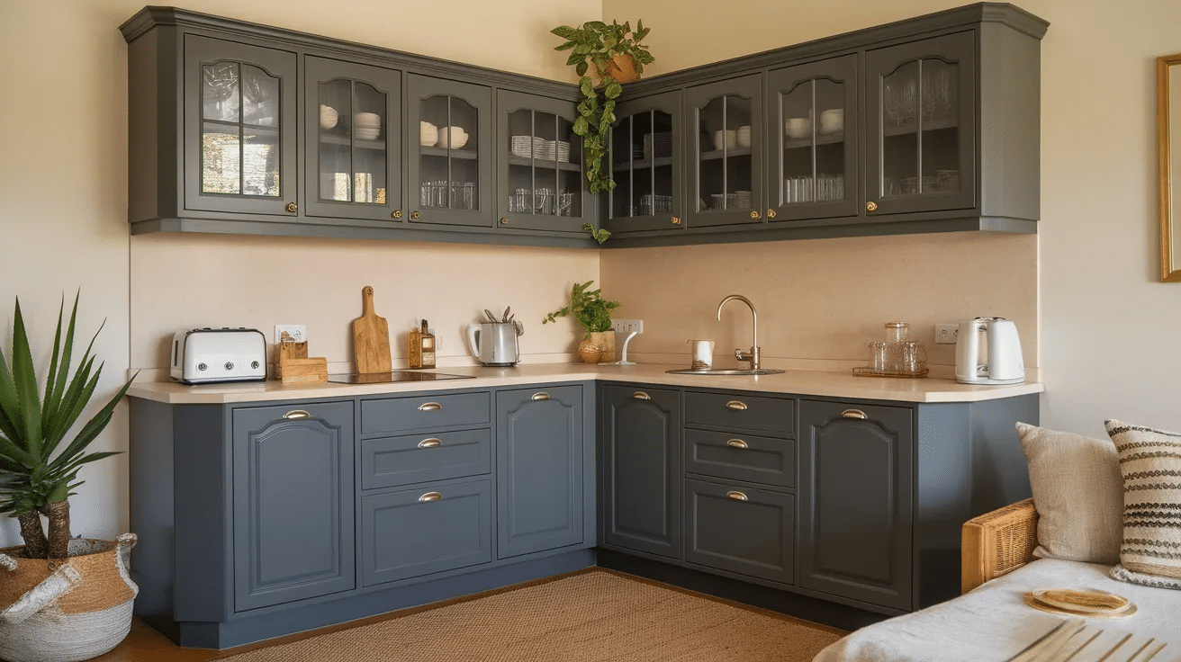 modern kitchen with gray cabinetry, glass front upper cabinets displaying glasses, and a cozy corner sink area with gold hardware and plants
