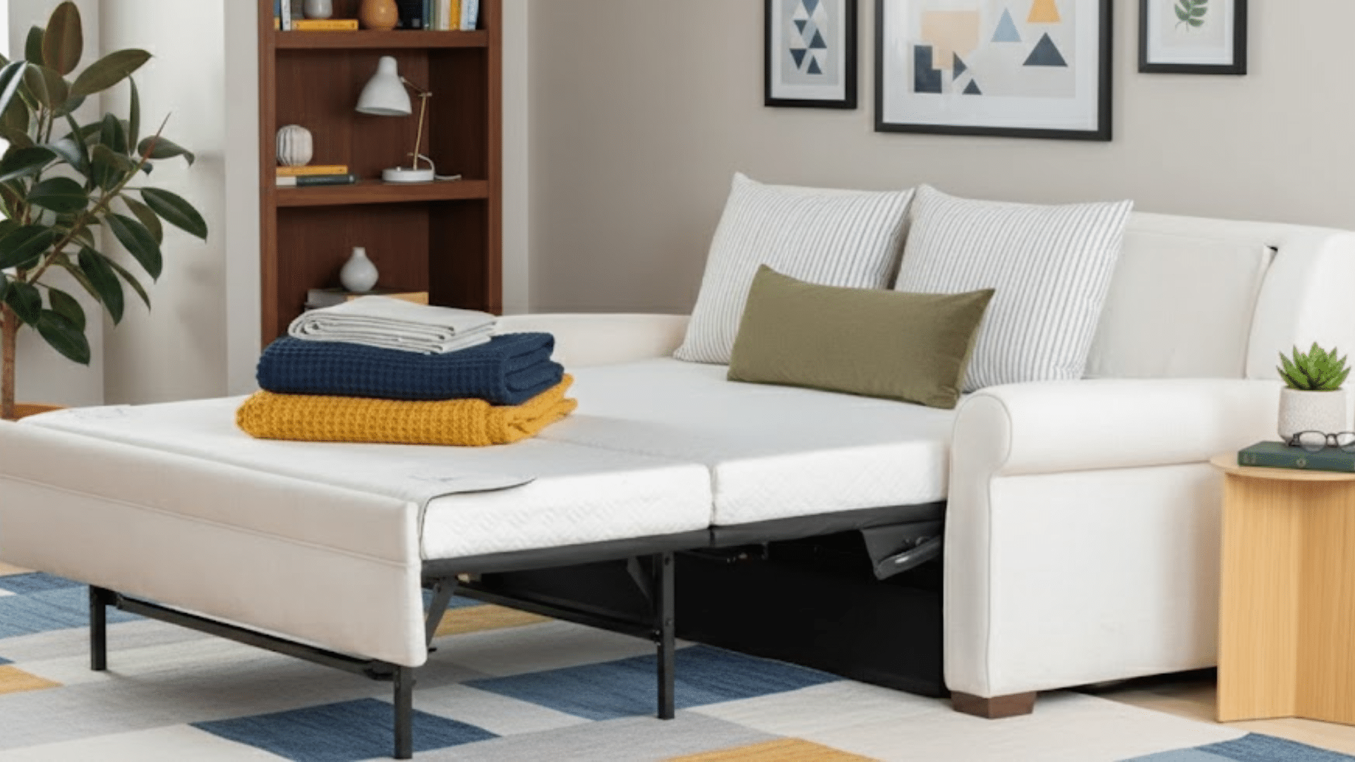 modern sleeper sofa placed in a small apartment living room with pillows and neutral decor