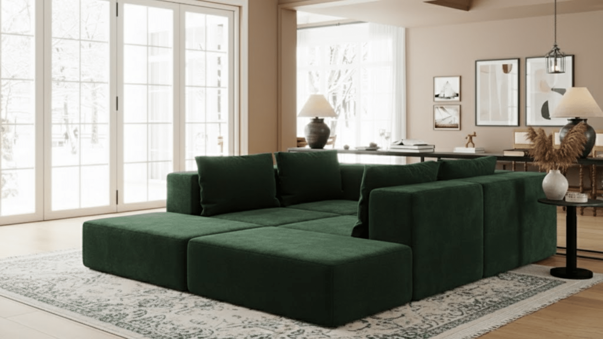 modular slide-out sofa bed extended into a bed shape in a modern apartment living room with soft lighting