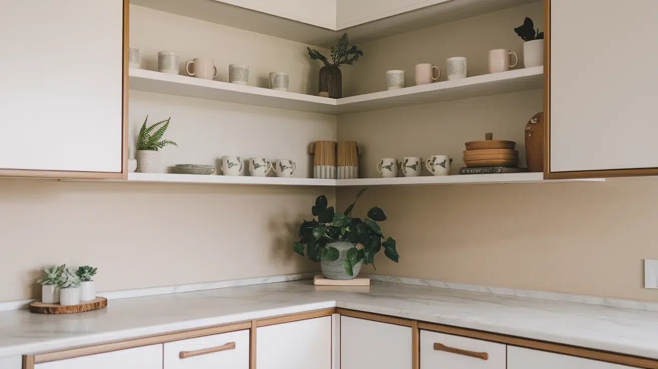 open corner kitchen shelves displaying mugs plants and decorative items in a bright space