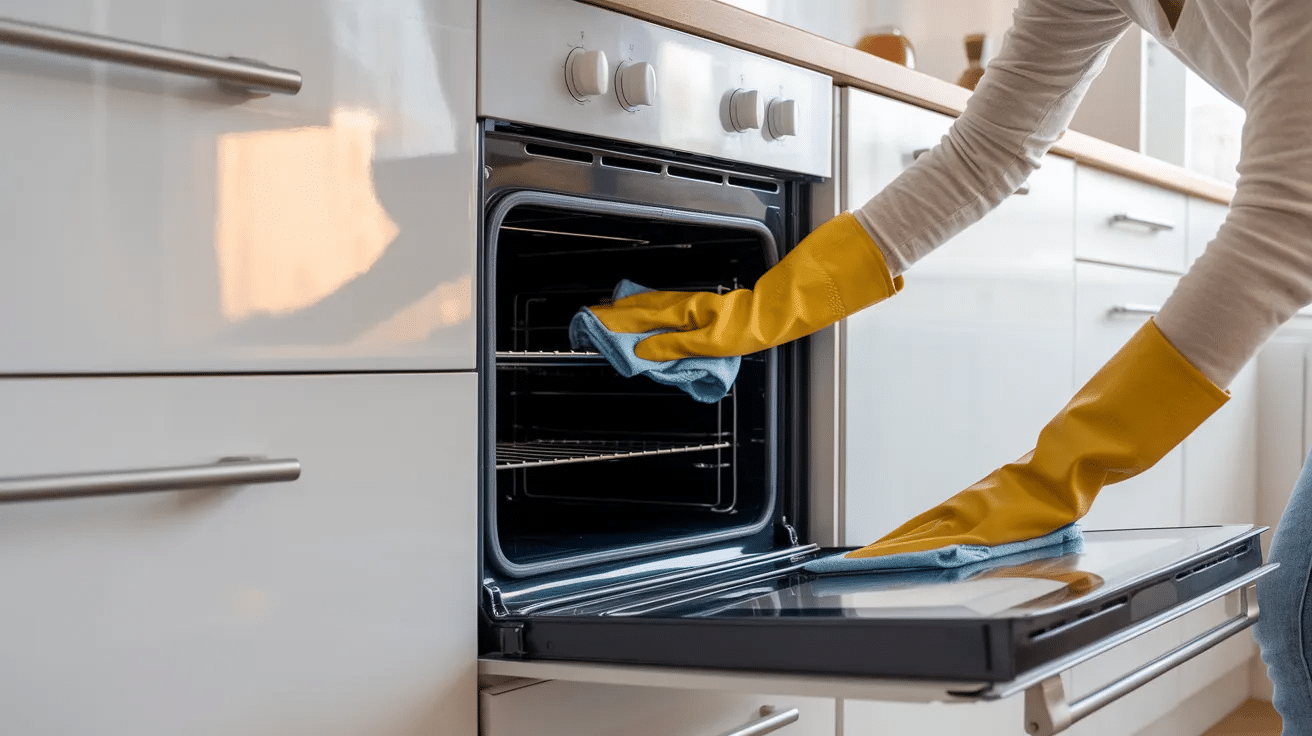 person cleaning inside oven and wiping kitchen cabinets in rental apartment