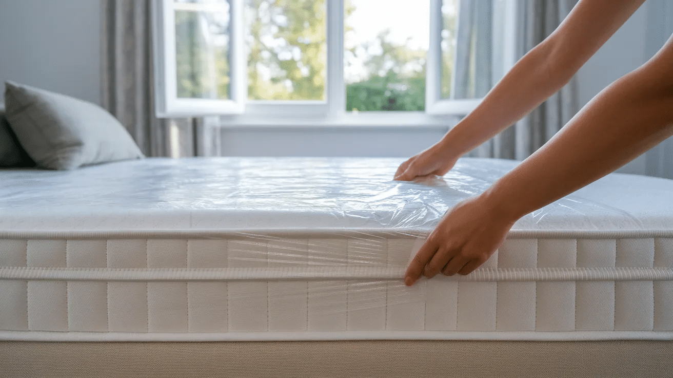 person unwrapping a mattress in a bright bedroom and letting it air out before use