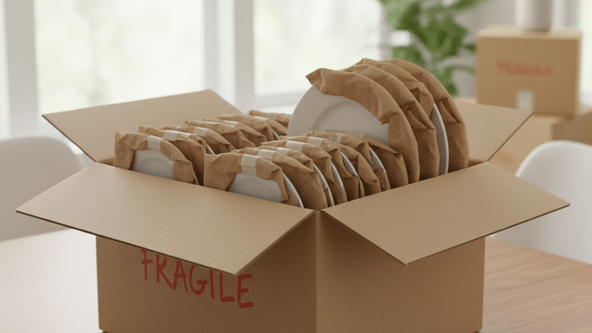 plates wrapped in packing paper standing vertically inside a moving box with thick paper padding at the bottom