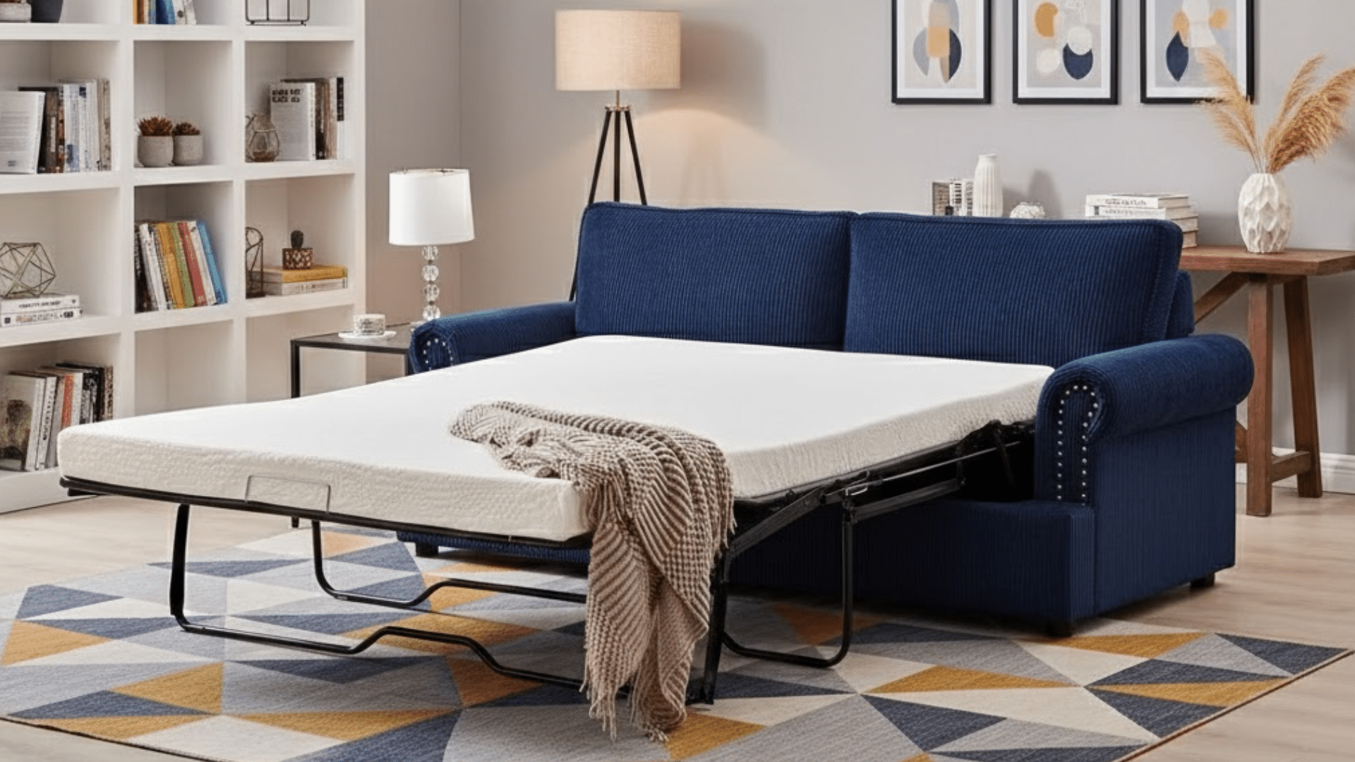 pull-out sleeper sofa opened to show hidden mattress and metal frame in a modern living room with neutral decor