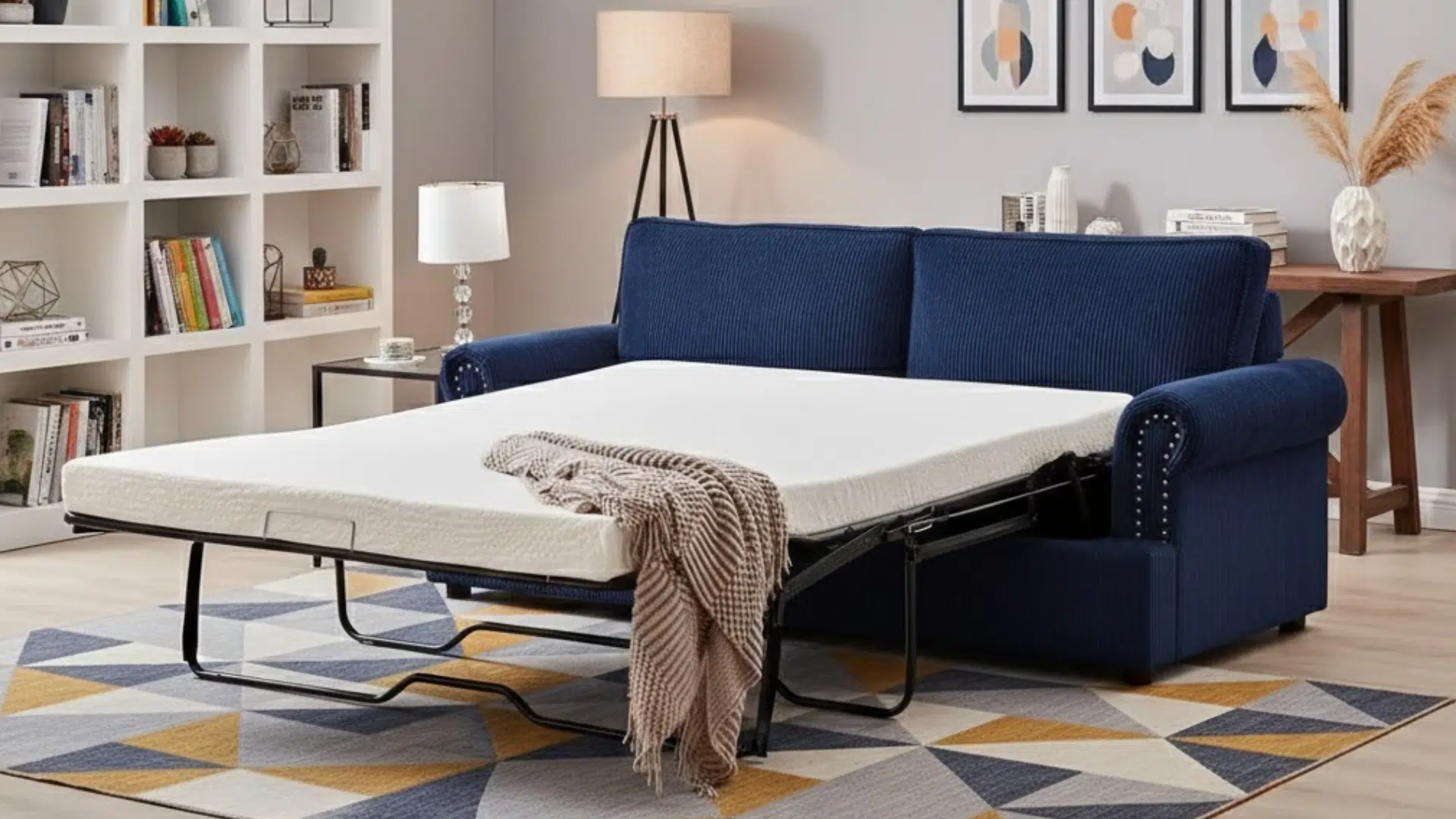 pull-out sleeper sofa opened to show hidden mattress and metal frame in a modern living room with neutral decor
