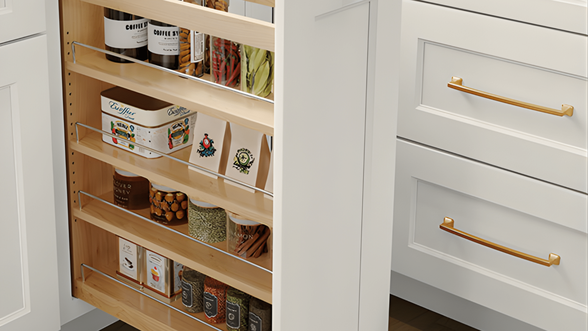 slide and pivot organizer pulled out from blind corner cabinet with cookware stored