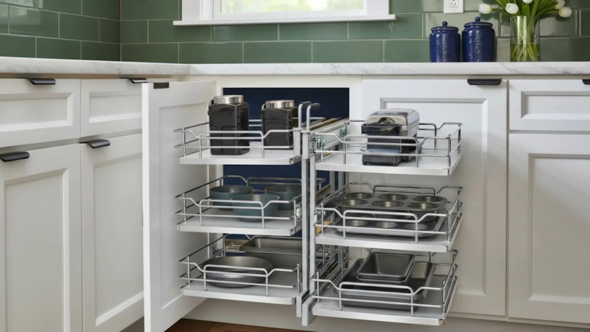 slide and pivot organizer pulled out from blind corner cabinet with cookware stored