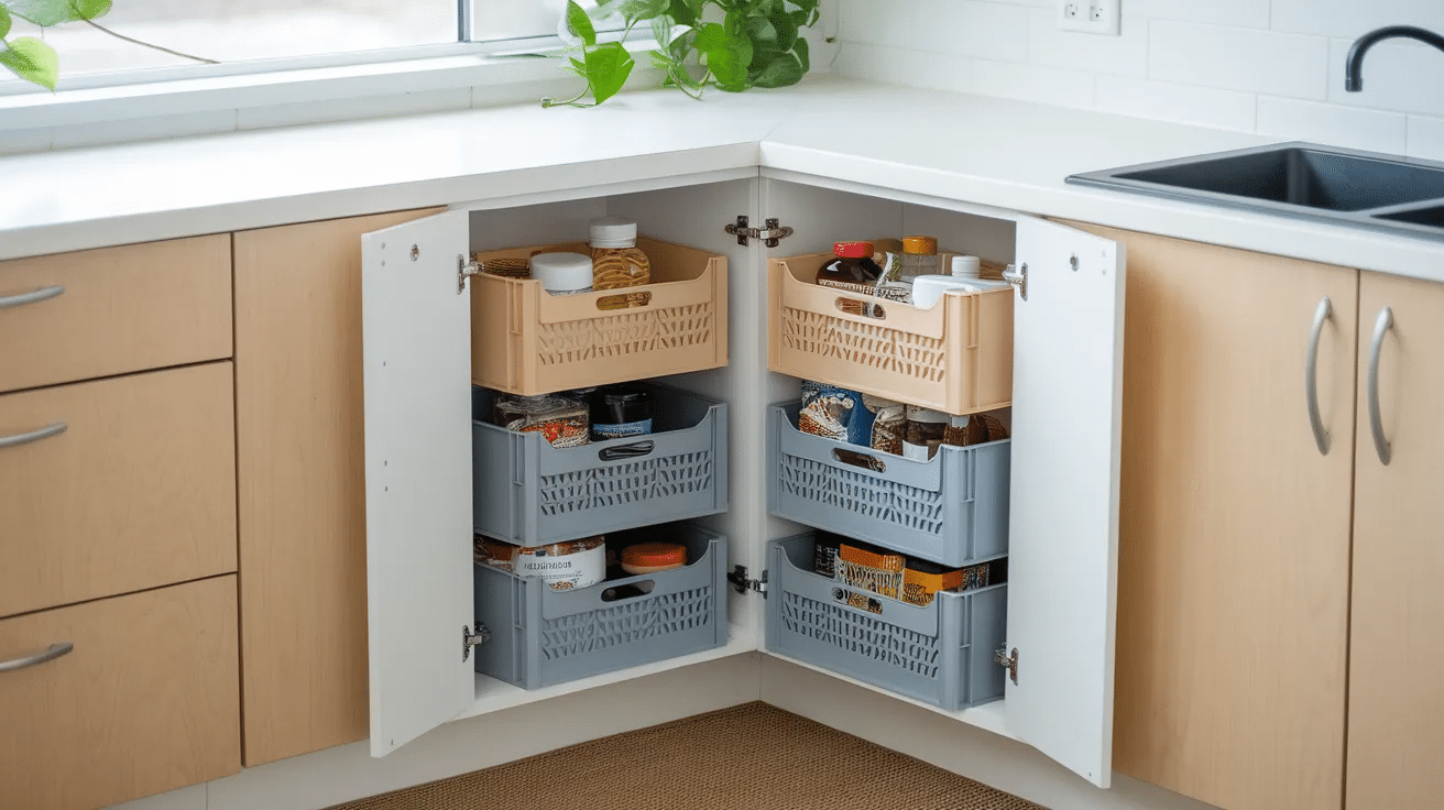 stackable storage crates inside blind corner cabinet organizing pantry goods
