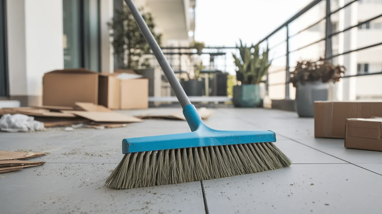 tenant sweeping balcony and removing personal items during move out cleaning