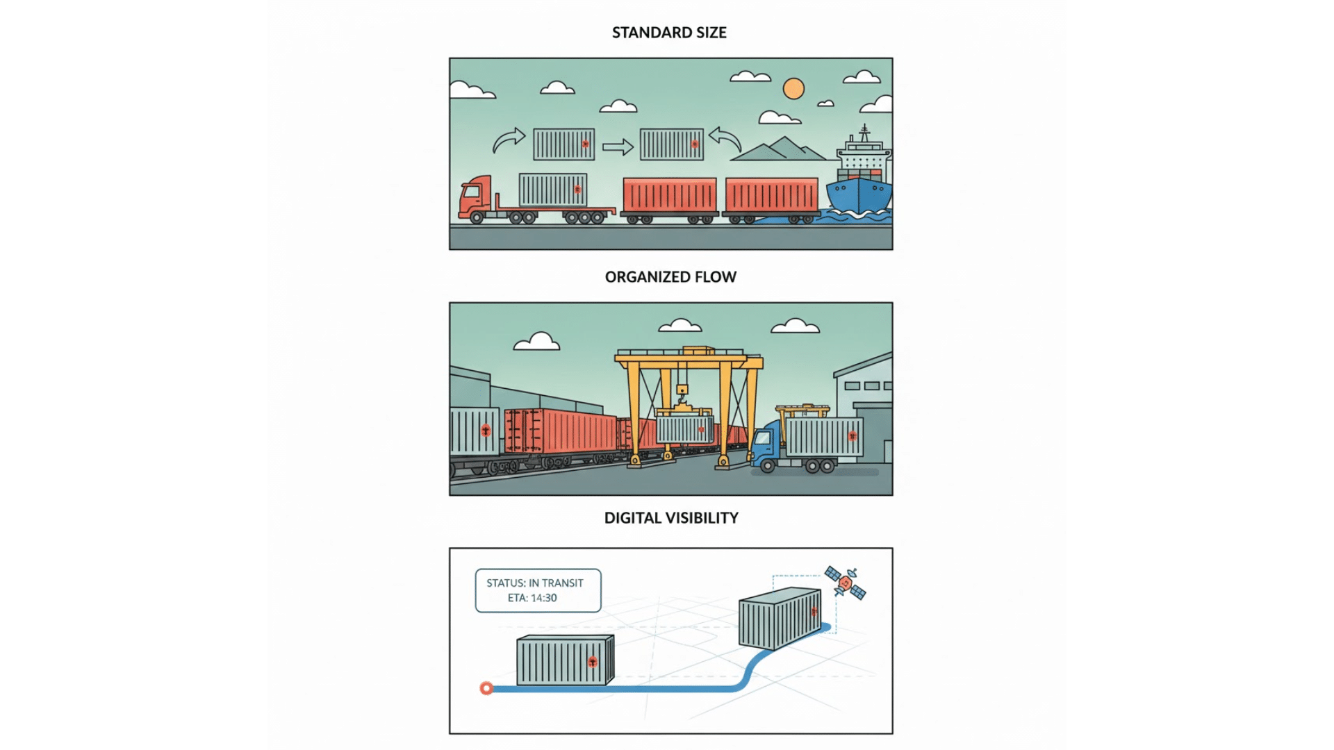 three panel illustration showing standardized containers, smooth terminal transfers, and digital tracking across transport modes
