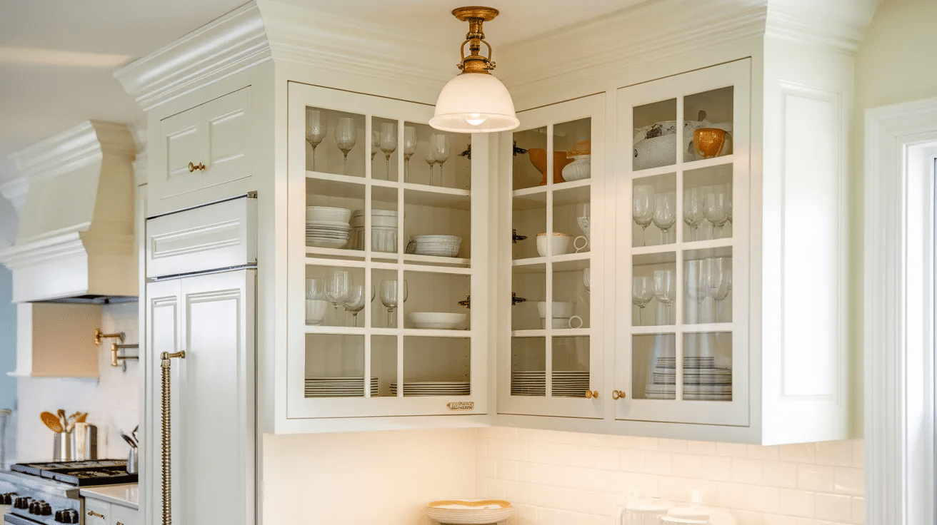 upper corner cabinet with glass doors displaying neatly arranged dishes and glassware