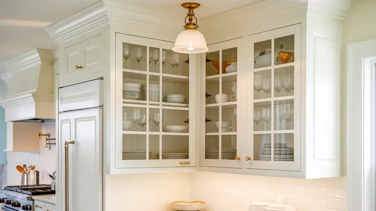 upper corner cabinet with glass doors displaying neatly arranged dishes and glassware