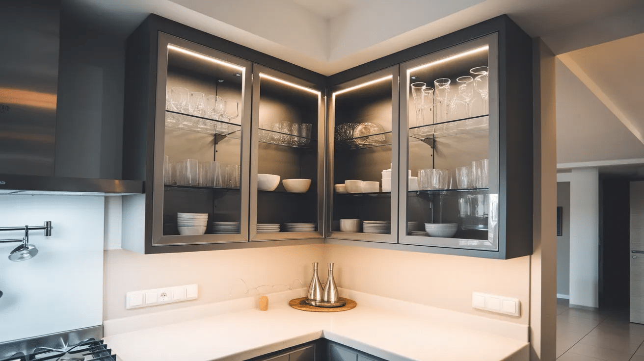 upper corner cabinet with led lighting highlighting glasses and bowls inside
