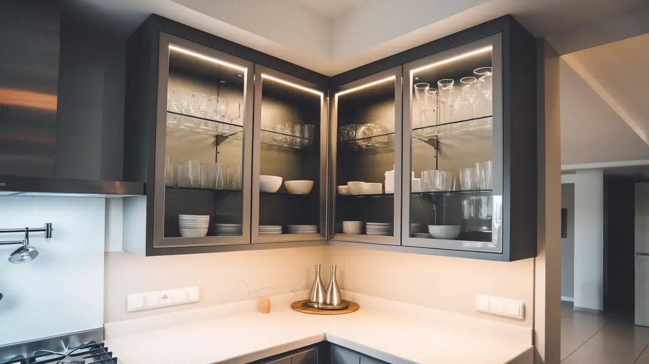 upper corner cabinet with led lighting highlighting glasses and bowls inside