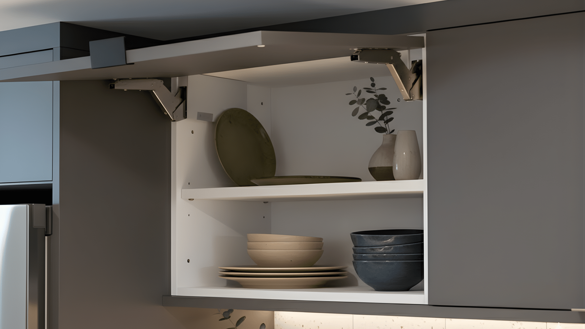 upper corner cabinet with lift up door open in modern kitchen setting