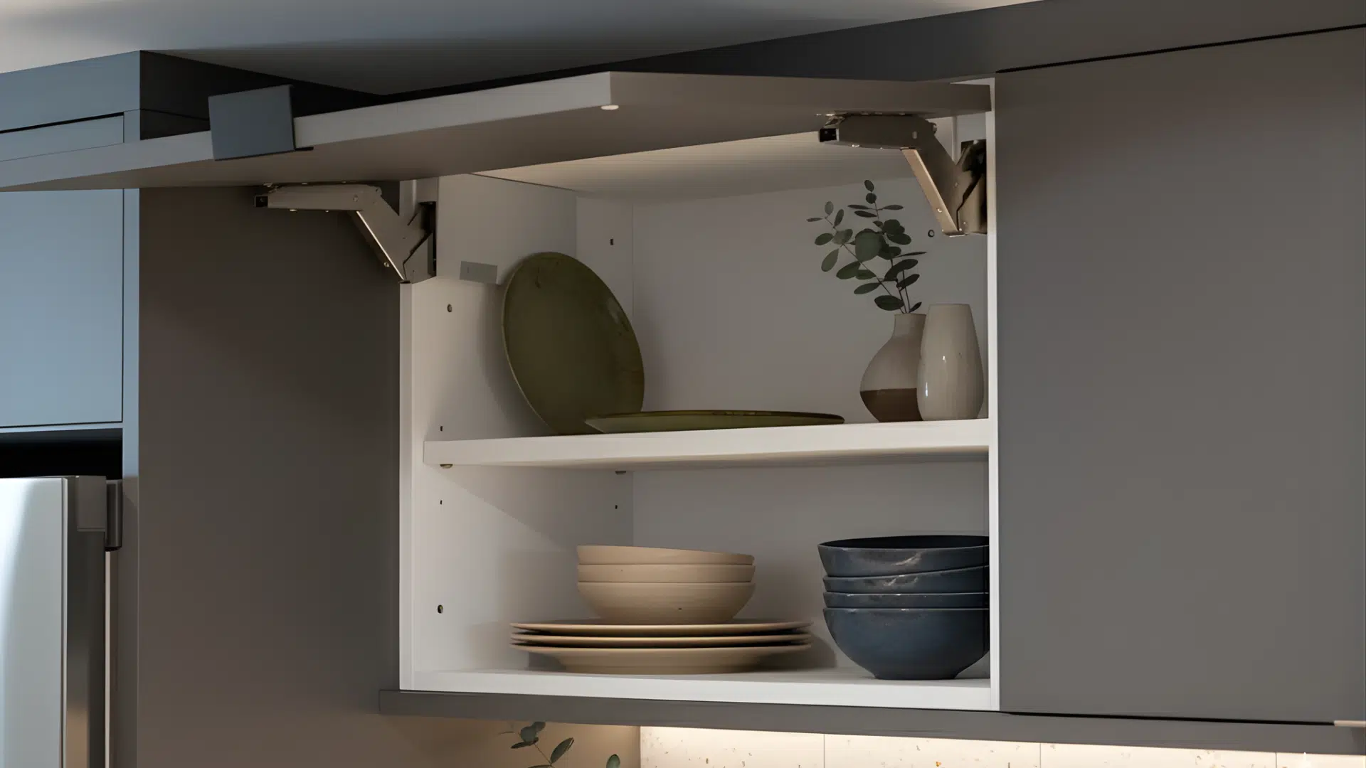 upper corner cabinet with lift up door open in modern kitchen setting