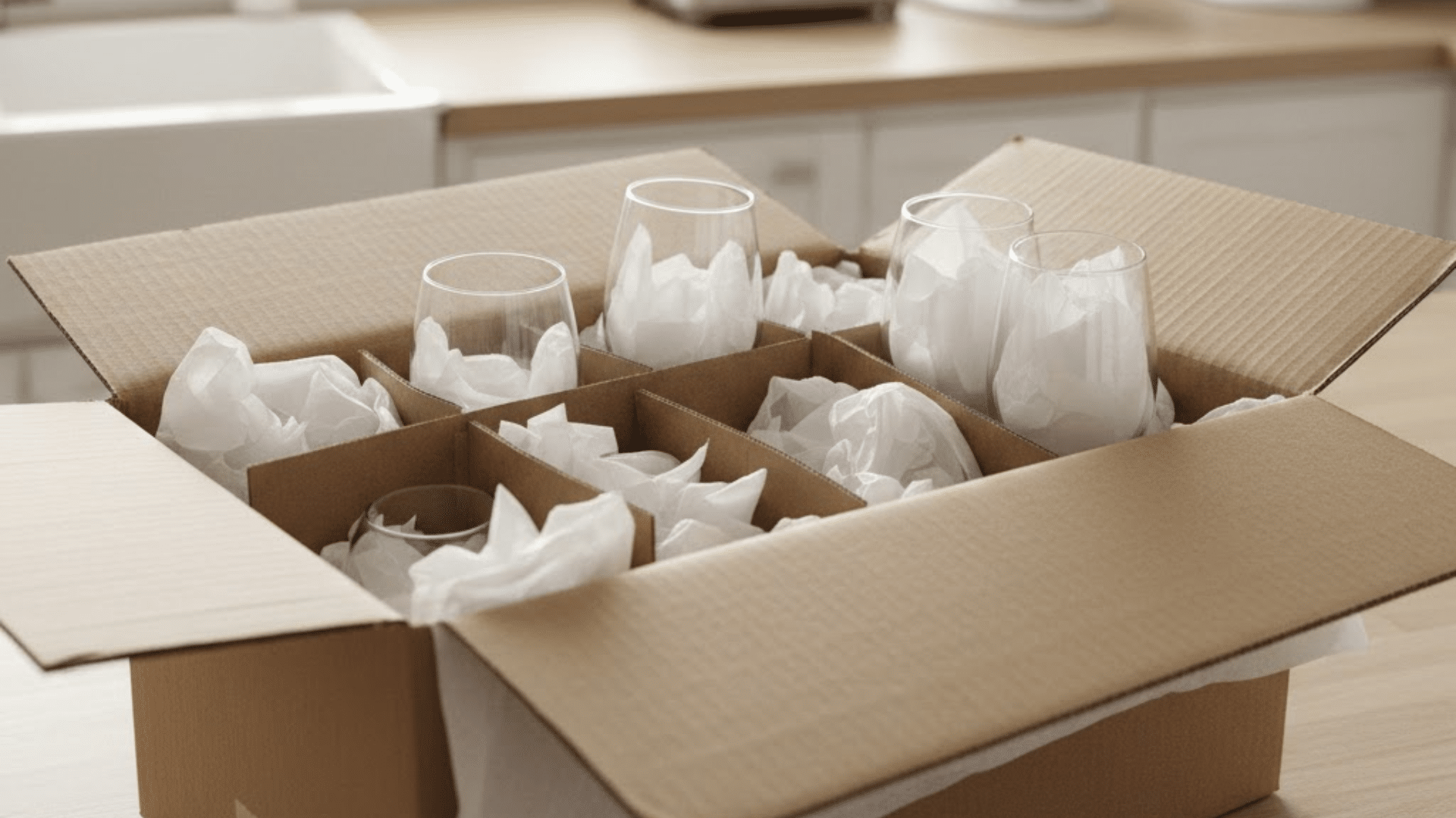 wrapped drinking glasses and wine glasses placed upright in a divided moving box with protective padding