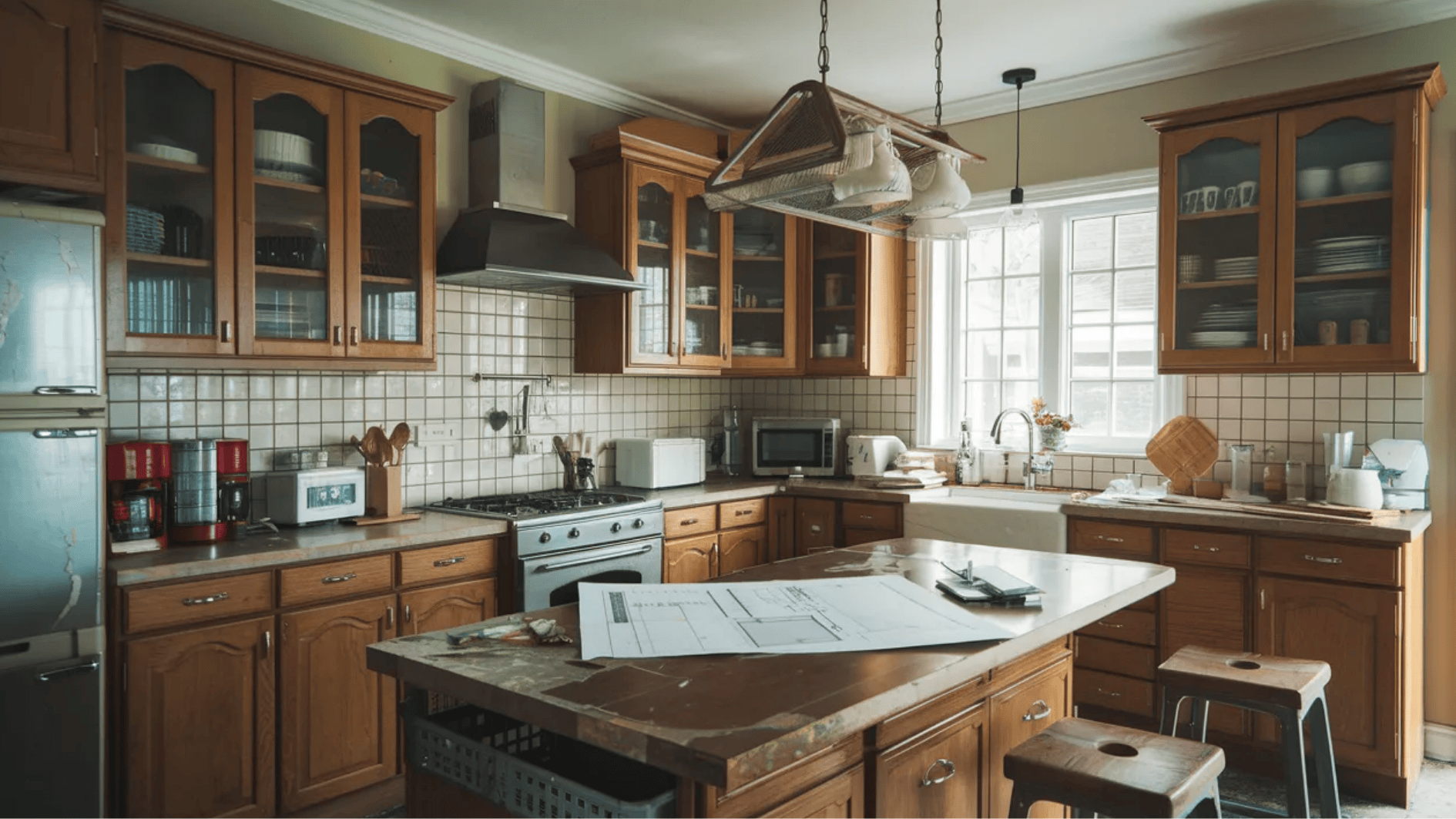 12x12 kitchen with wooden cabinets, island, appliances, and remodel plans on counter showing kitchen renovation planning process