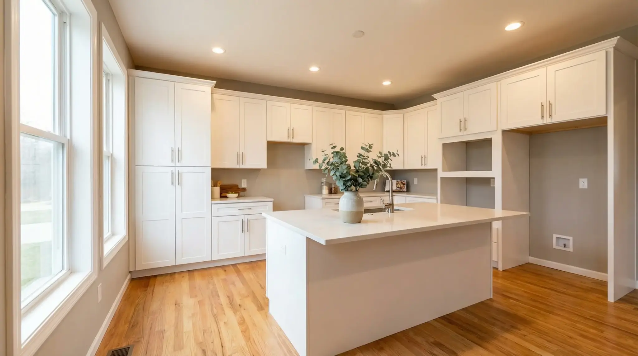 Bright kitchen with white cabinets, wooden floor, and a large island featuring a vase of greenery