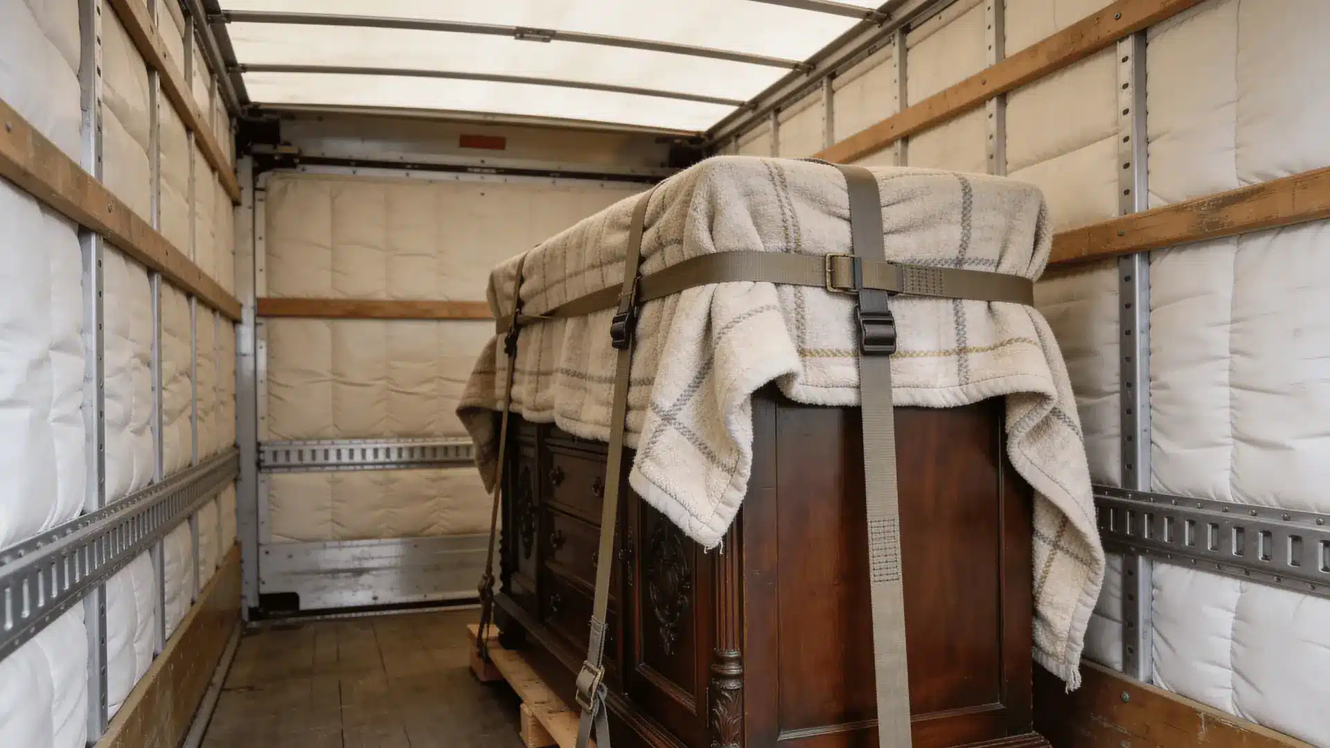 Blanket-wrapped cabinet secured inside a padded moving truck