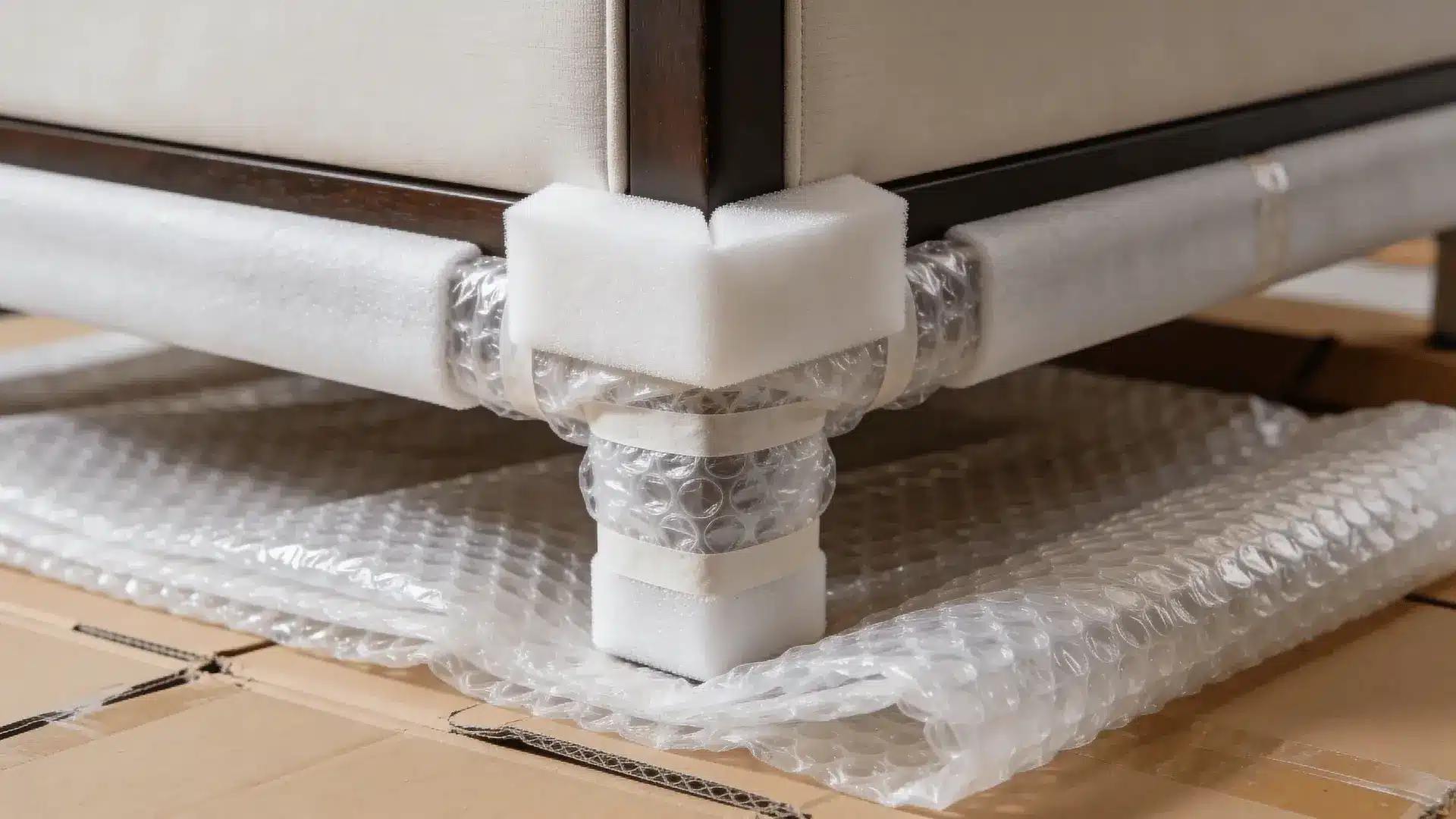 Furniture corner reinforced with foam protectors and bubble wrap