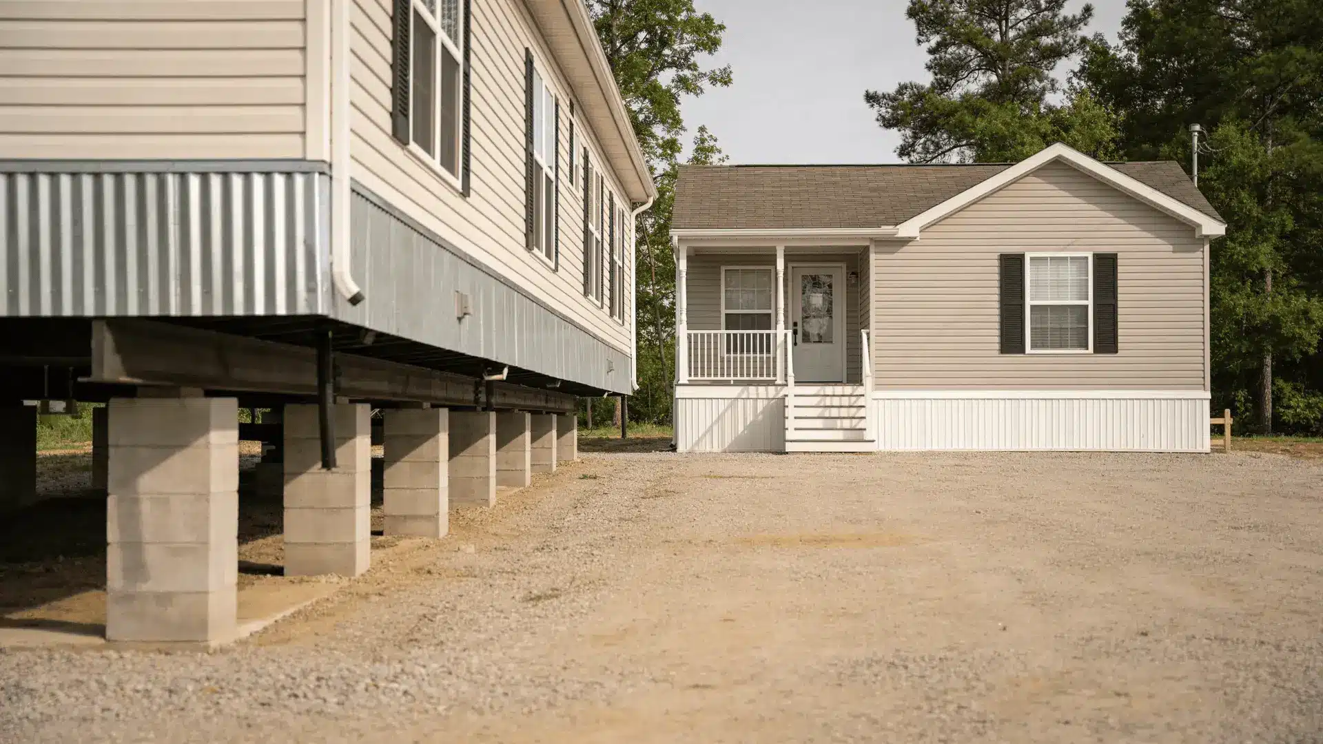 Modular home on foundation next to manufactured home on support blocks