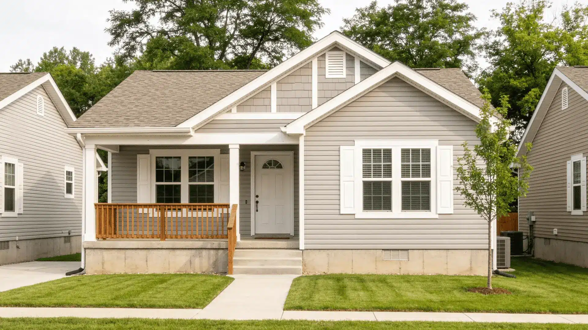 Single-story modular home on a permanent foundation in a suburban neighborhood