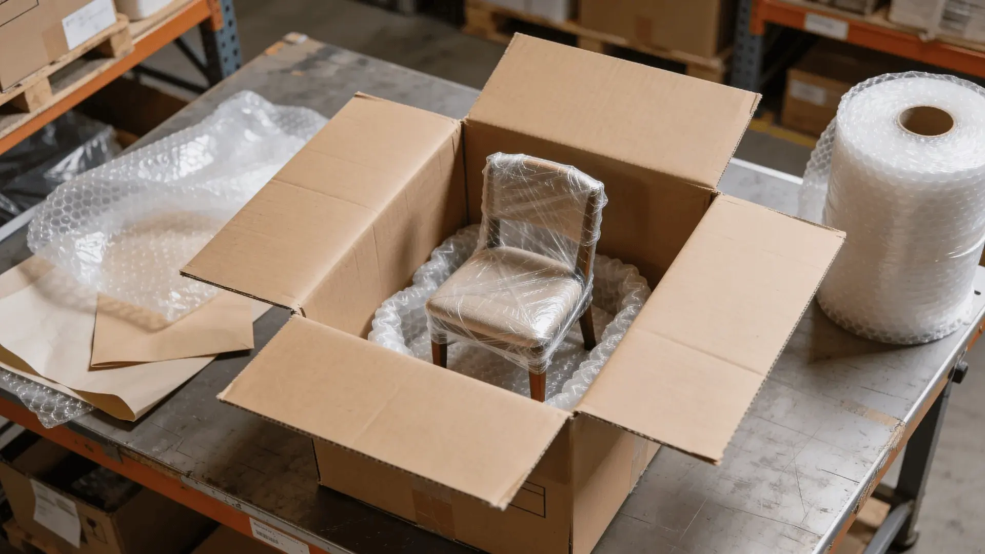 Small chair wrapped in padding and placed inside a cardboard shipping box