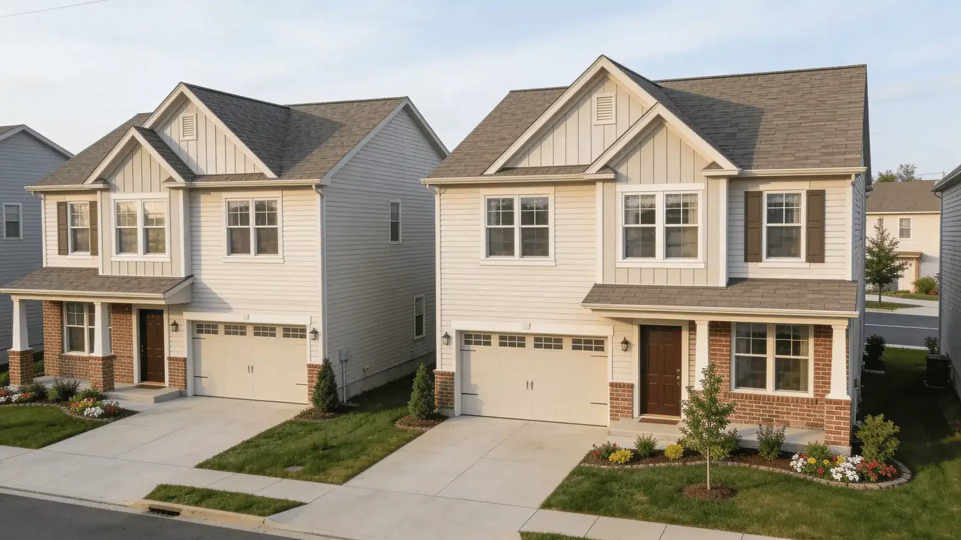 Two similar detached homes on neighboring lots in a residential area