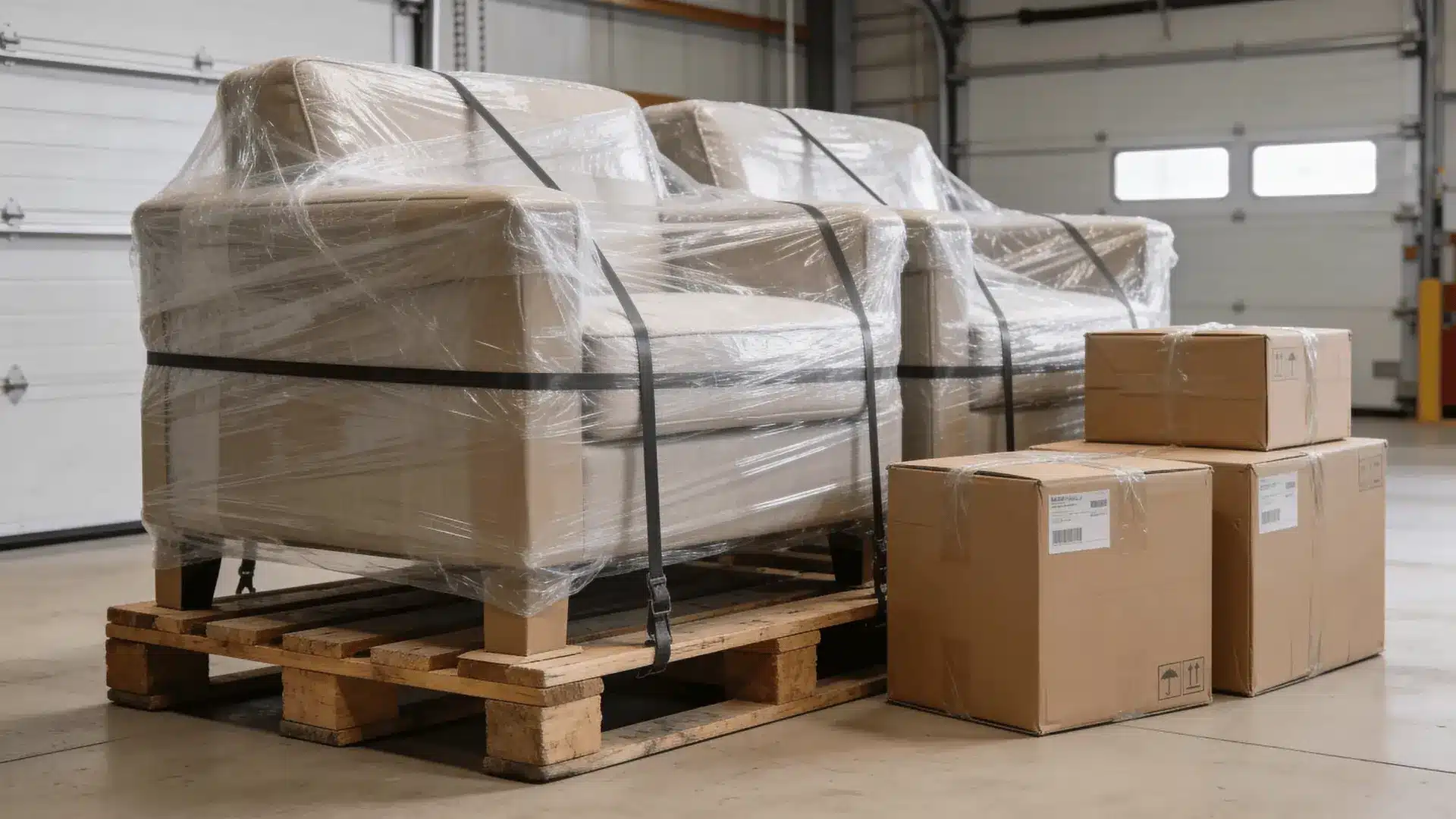 Wrapped furniture and sealed boxes on pallets in a warehouse ready for shipping