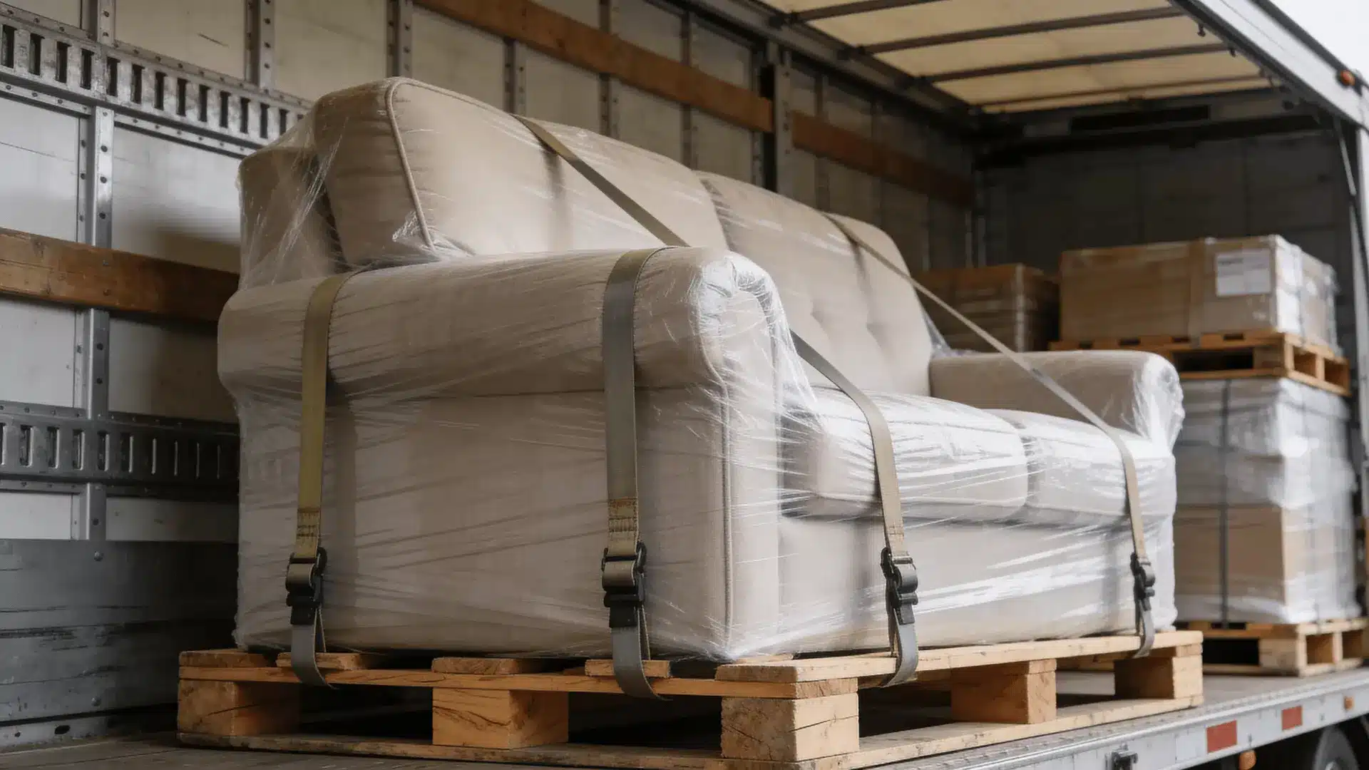 Wrapped sofa strapped to a pallet inside a freight truck trailer