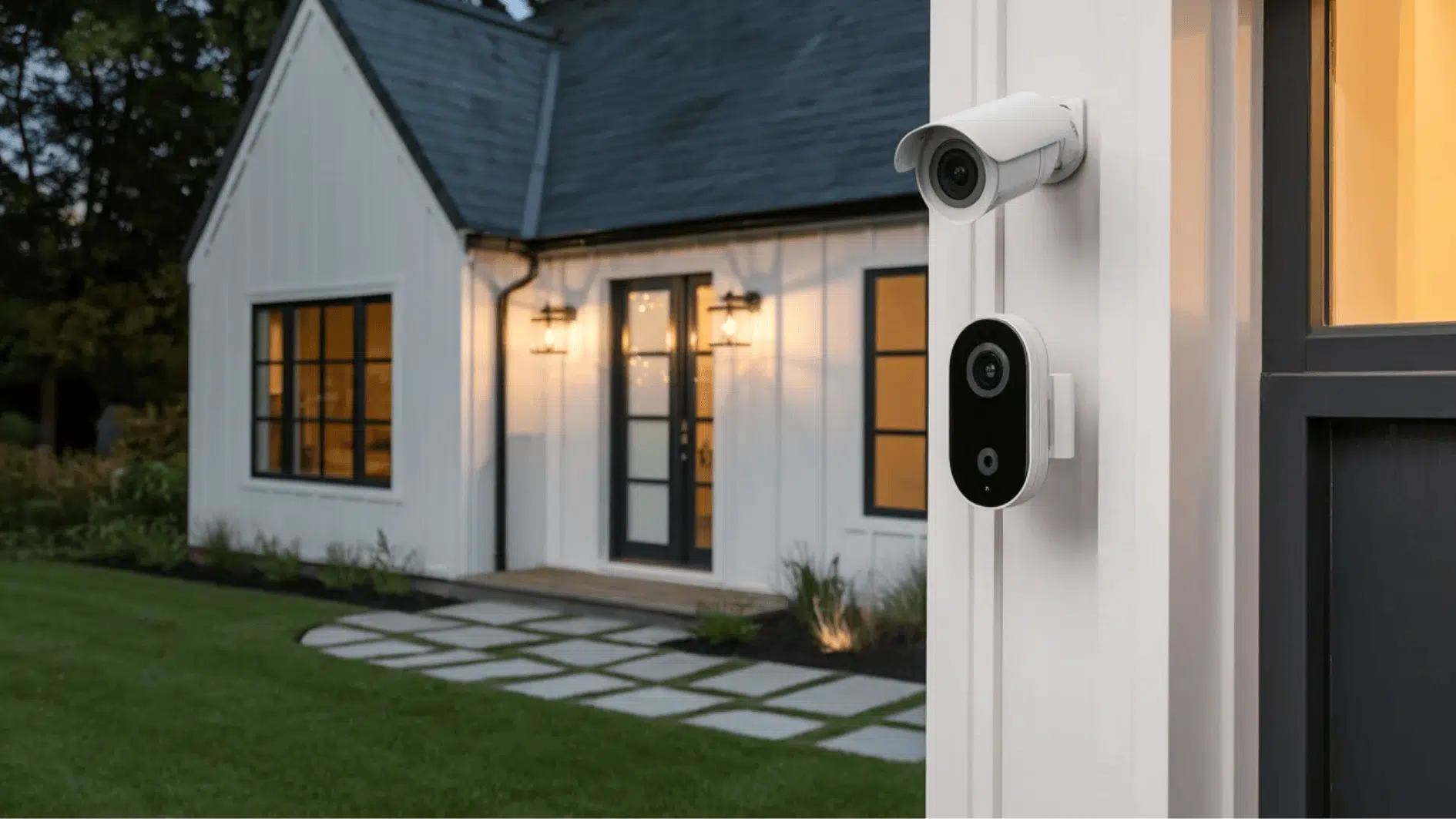 a house equipped with smart doorbell camera and smart security system with motion detection cameras