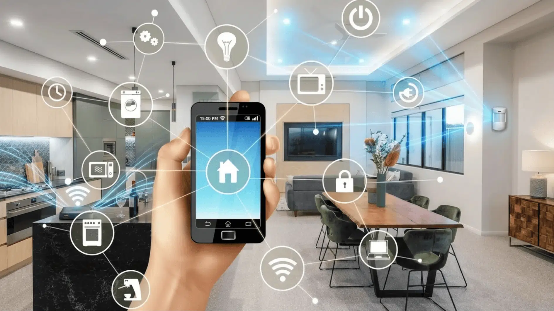 a smart house with various electric appliances like thermostat motion sensor lights and security system