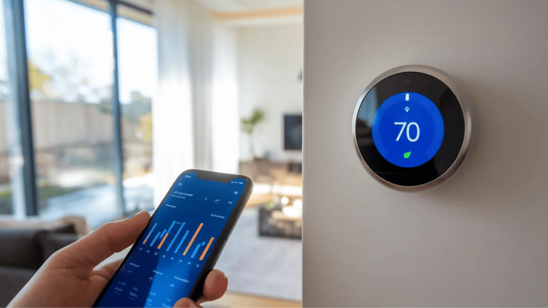 a thermostat on the interior wall of a house connected with a mobile phone showing variable temperature levels throughout the day