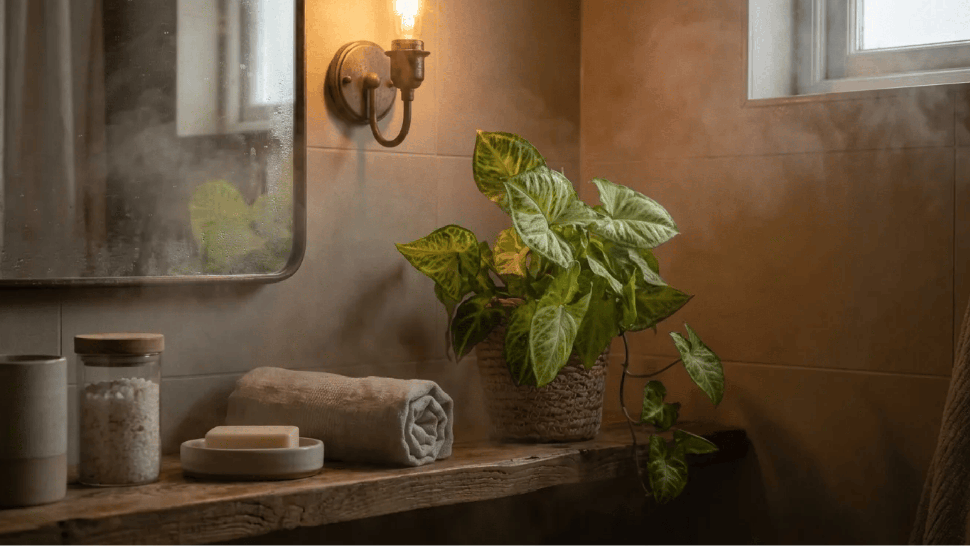 arrowhead plant in woven pot on rustic bathroom shelf with towel, soap, mirror, and warm light in steamy space