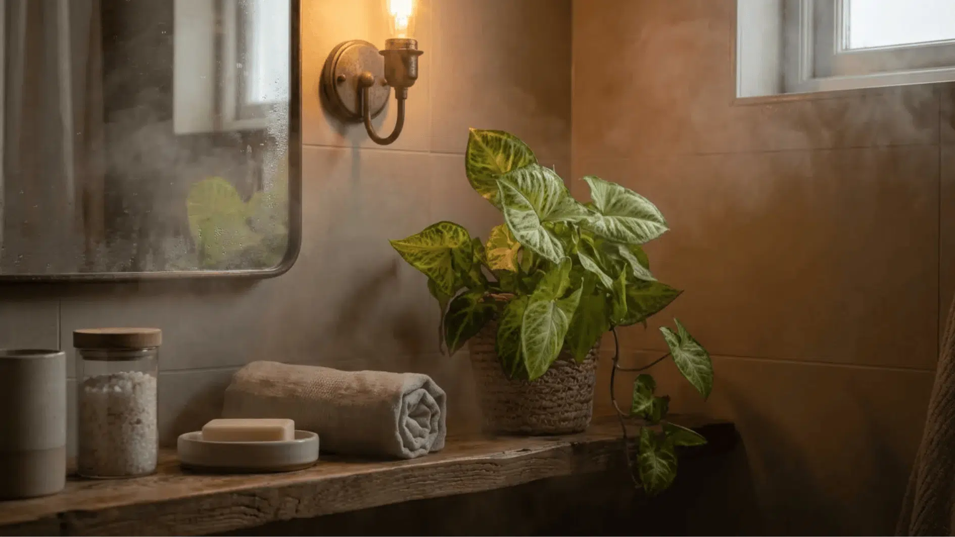 arrowhead plant in woven pot on rustic bathroom shelf with towel, soap, mirror, and warm light in steamy space