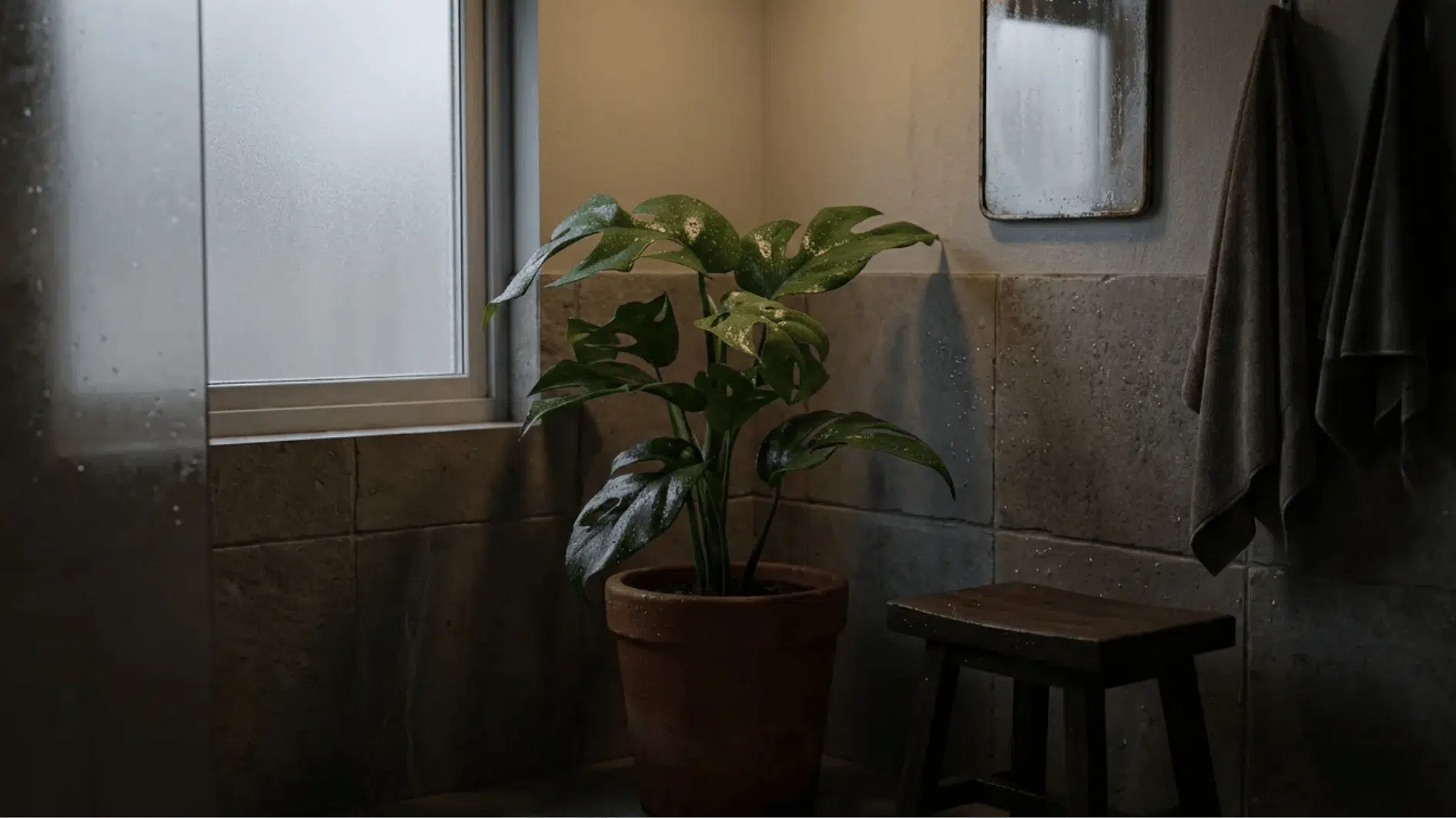 aspidistra milky way plant in terracotta pot near bathroom window, speckled leaves thriving in a warm humid corner