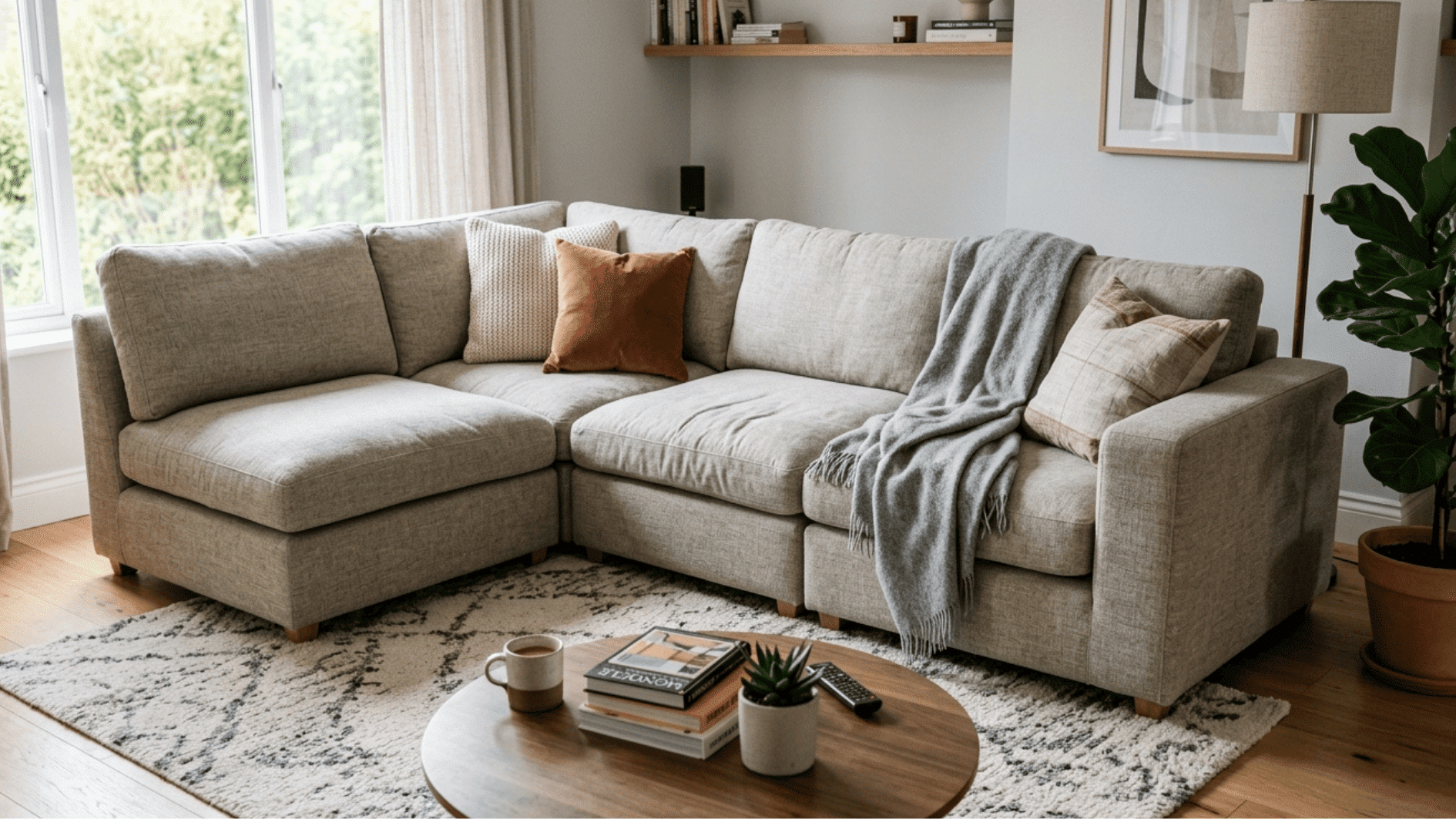 beige modular sectional sofa living room modern cozy interior neutral decor natural light