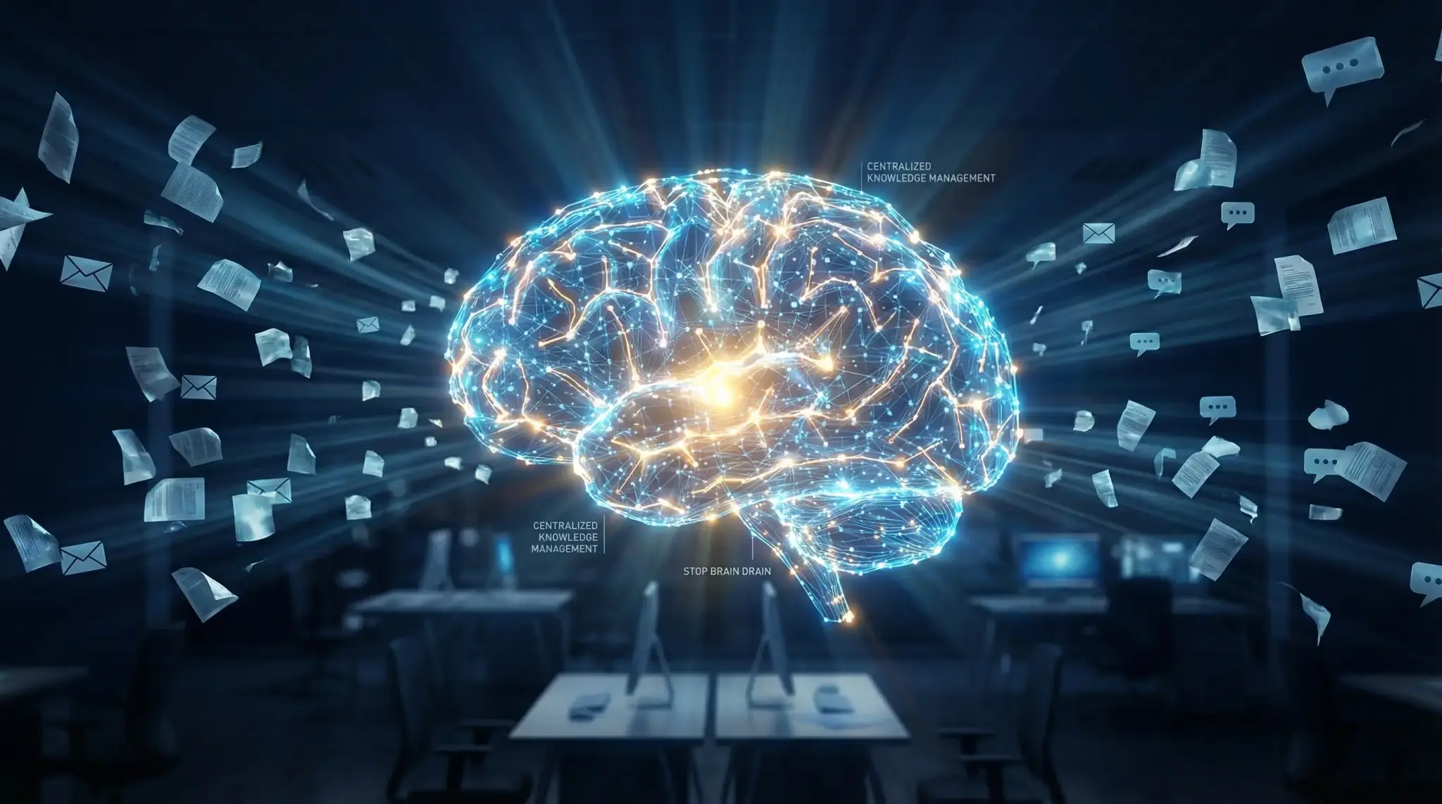 Digital brain with glowing neural network surrounded by flying documents in a dark office setting