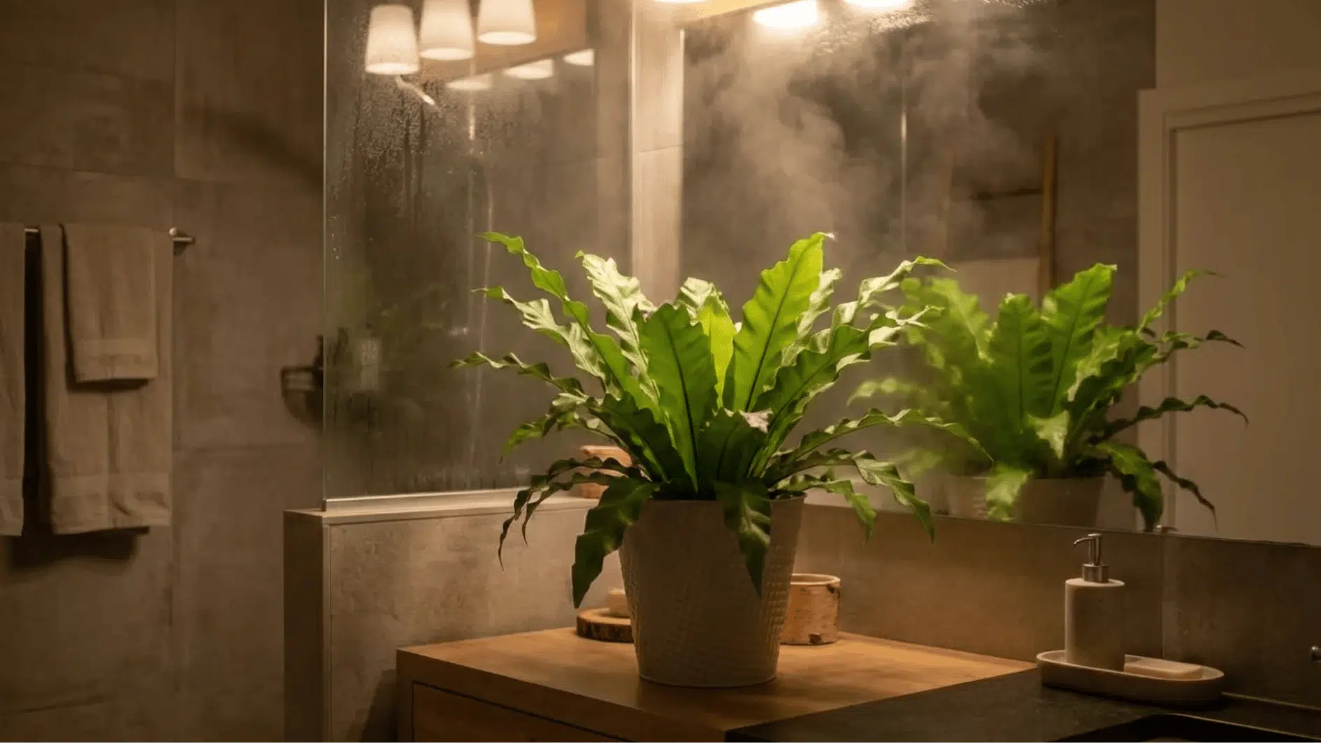 bird’s nest fern in ceramic pot on bathroom vanity, bright green fronds thriving in warm humid steamy space