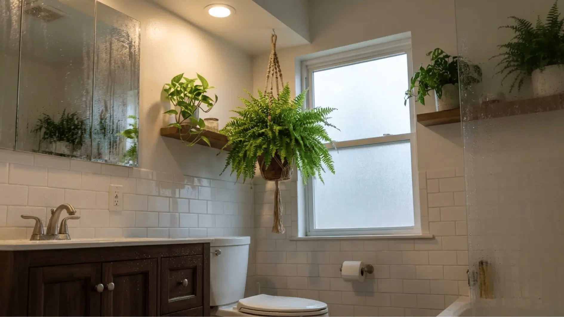 boston fern hanging near bathroom window with lush green fronds, surrounded by shelves with small potted plants