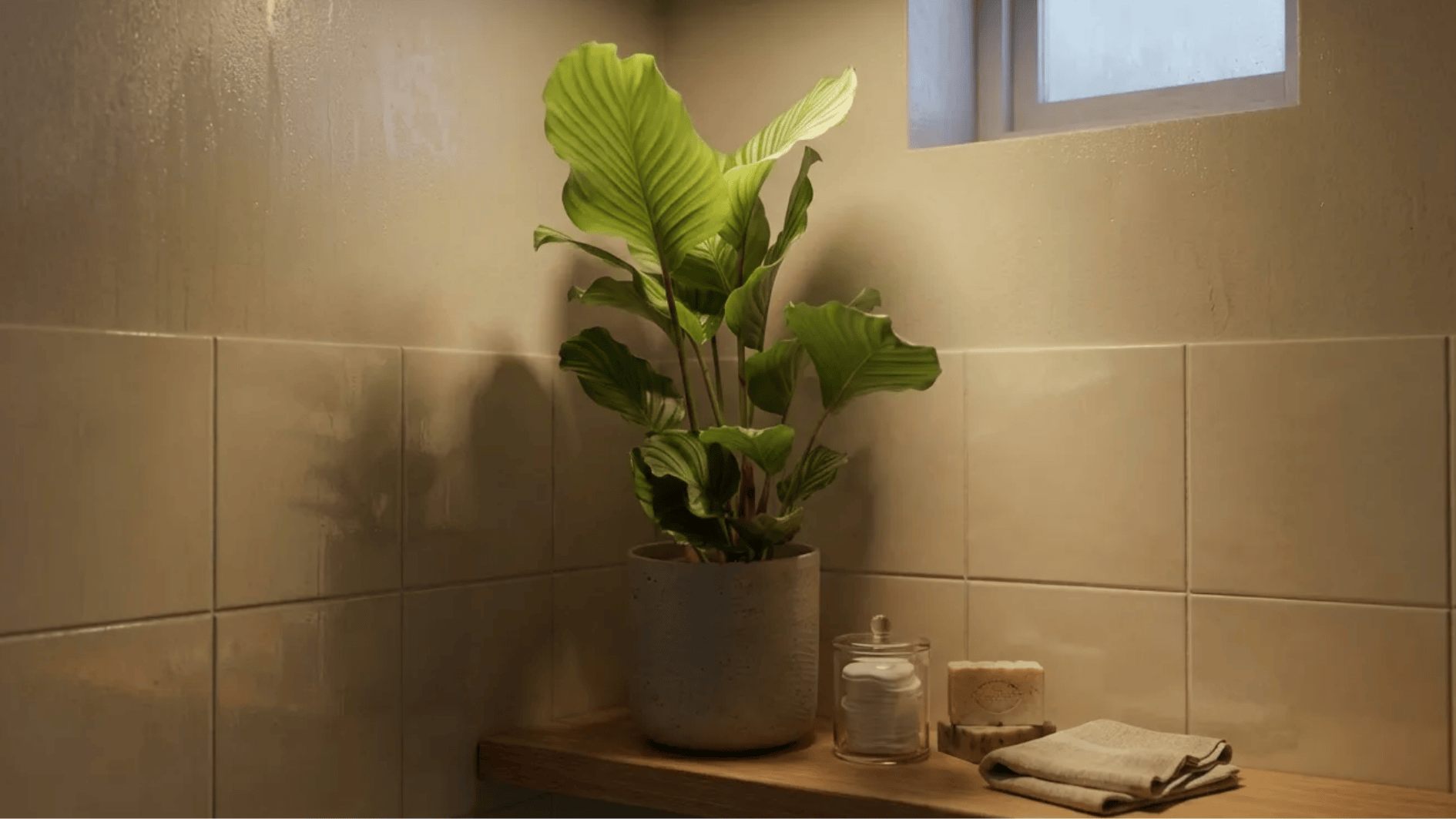 calathea orbifolia in ceramic pot on bathroom shelf, large striped leaves thriving in warm humid steamy space