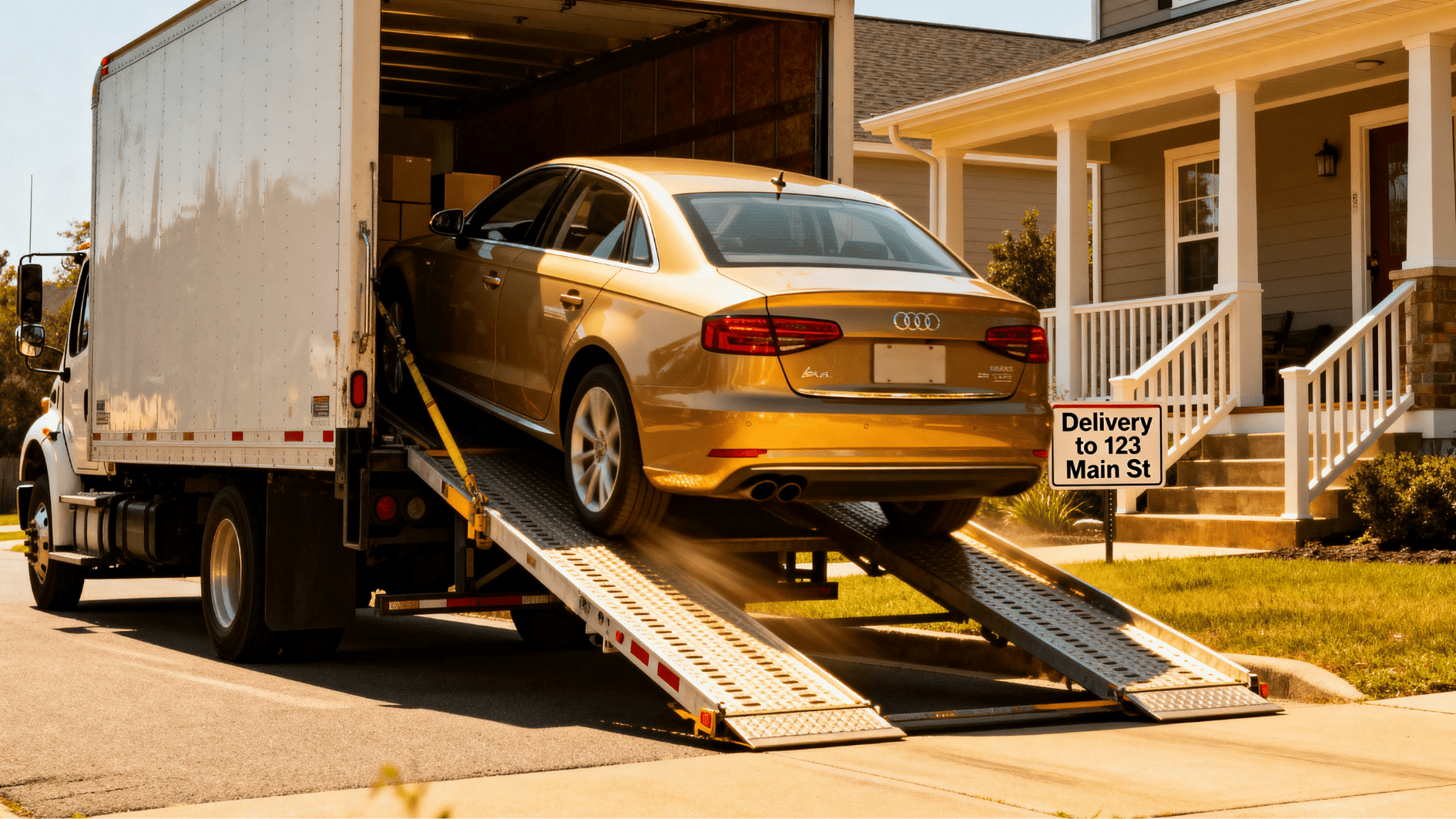 car being unloaded from transport truck ramp at suburban home with delivery sign visible near driveway