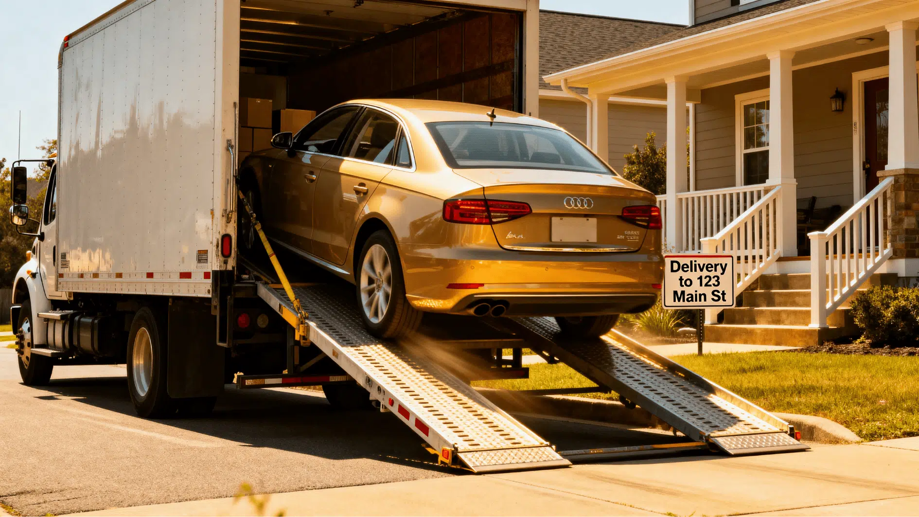 car being unloaded from transport truck ramp at suburban home with delivery sign visible near driveway