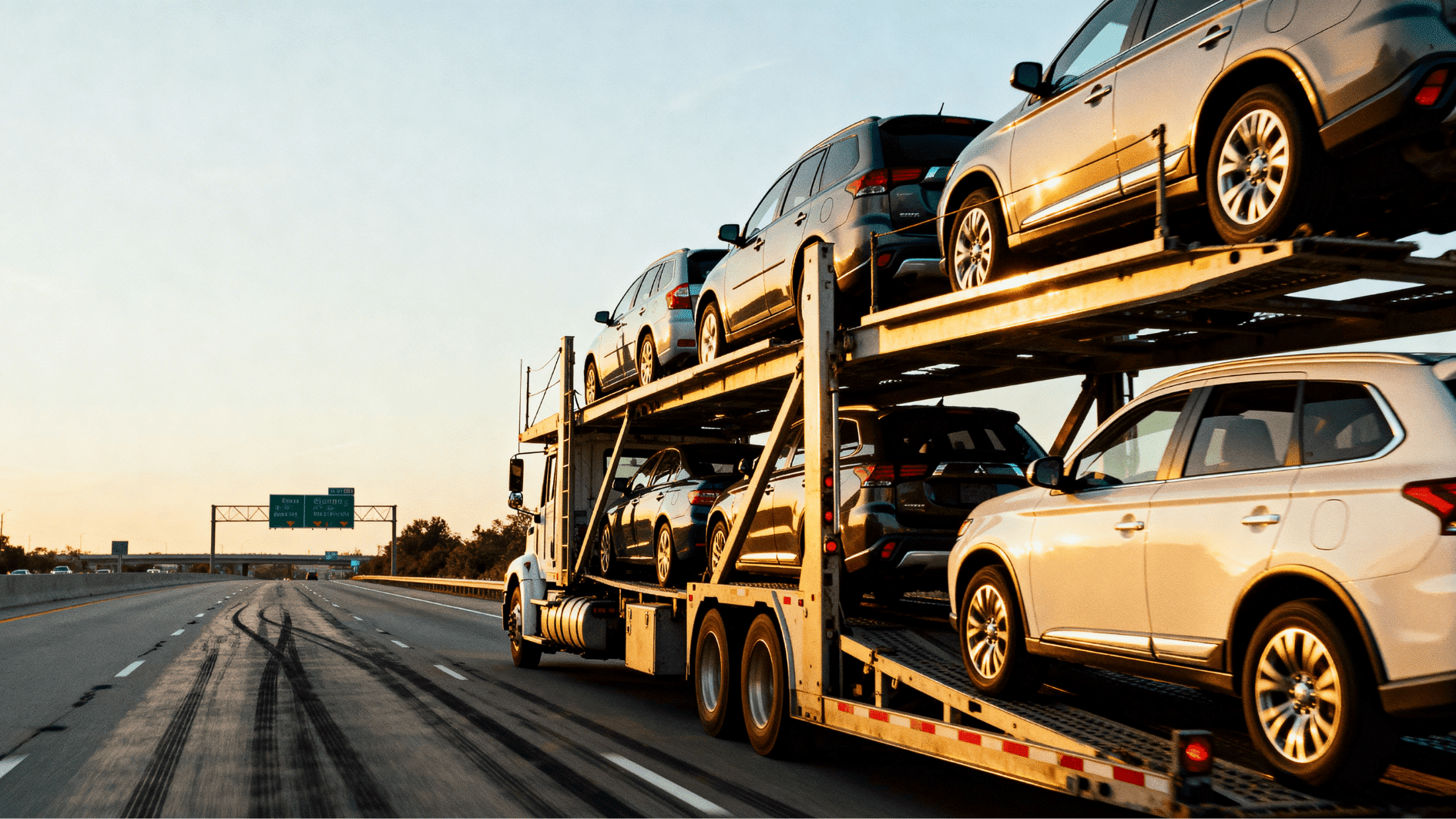 car carrier truck transporting multiple vehicles on highway at sunset with cars secured on multi-level trailer