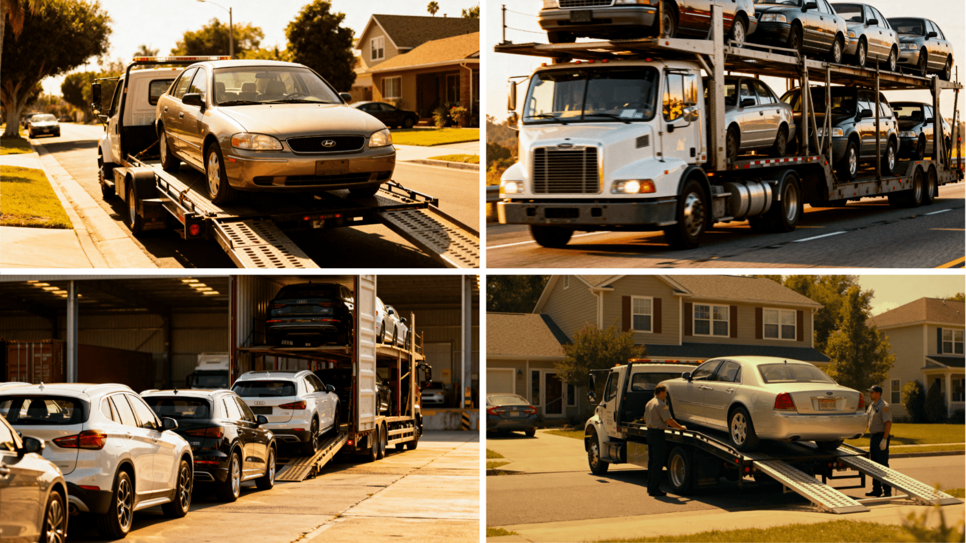 car transport services showing tow truck loading sedan, multi-car carrier on highway, warehouse loading, and home delivery service