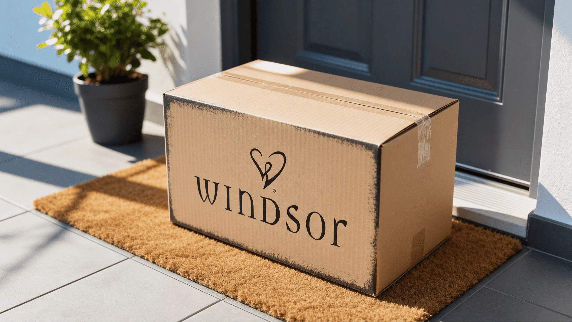 cardboard delivery box placed on doormat at front door, ready for contactless home delivery service